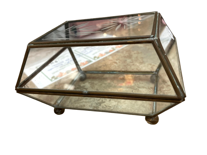 Vintage Brass & Glass Hinged Box w/ Fower Etching