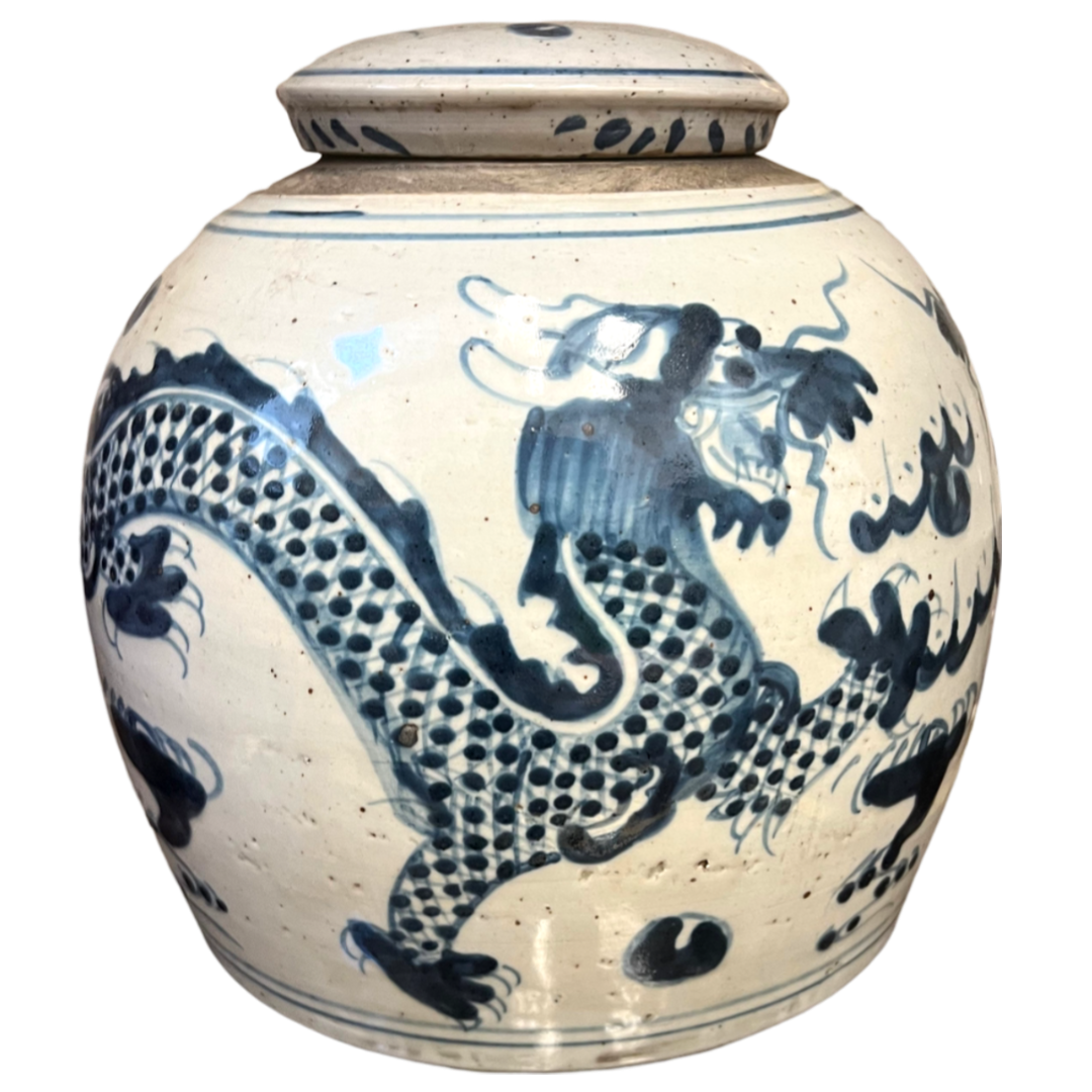 Pair of Chinese Blue & White Dragon Storage Jars