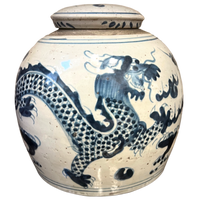 Pair of Chinese Blue & White Dragon Storage Jars