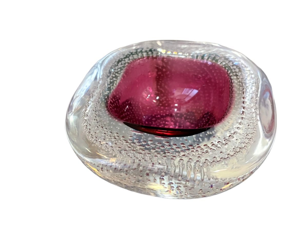 4.5" Pink & clear Murano bubbled square bowl