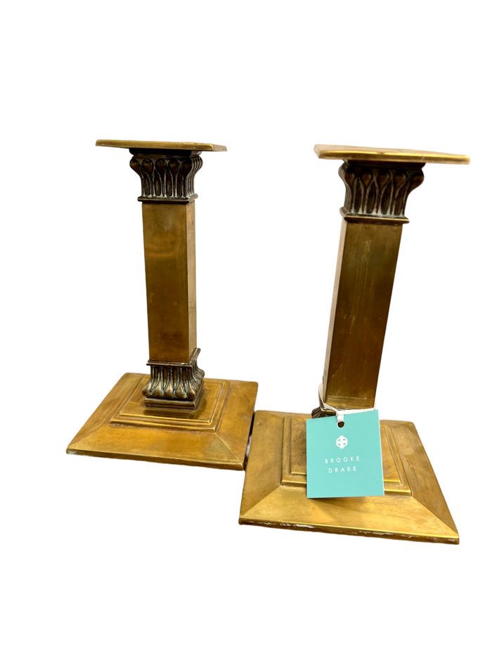 Pair of 8.5" Brass Art Deco Candlesticks, 5" Sauare Base