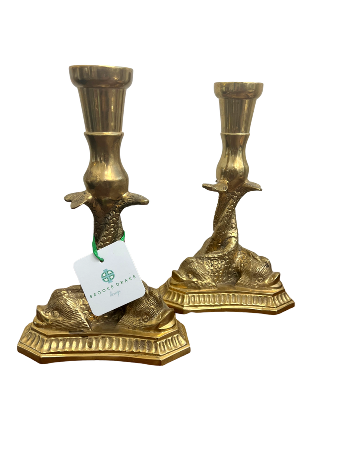 Pair of 9" Heavy Brass Koi Fish Candlesticks