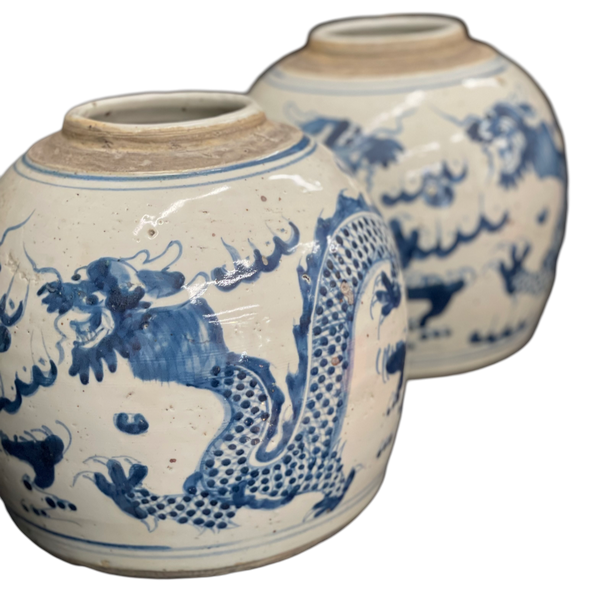 Pair of Chinese Blue & White Dragon Storage Jars