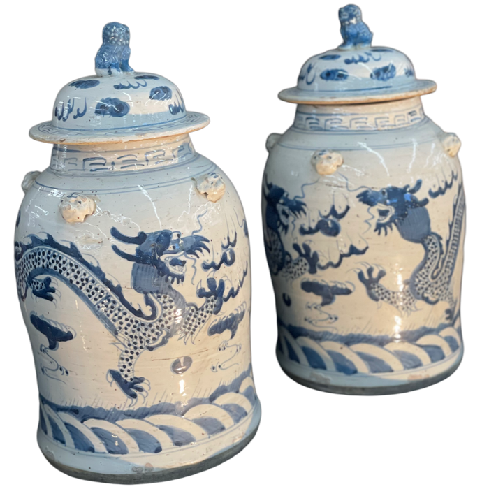 Pair of 24" Blue & White Temple Jars w/ Foo Dog Finials