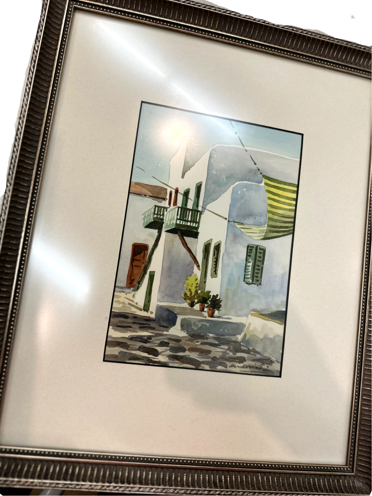 Pair of Coastal Village Scenes Watercolors in Greece Framed & Signed