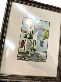 Pair of Coastal Village Scenes Watercolors in Greece Framed & Signed