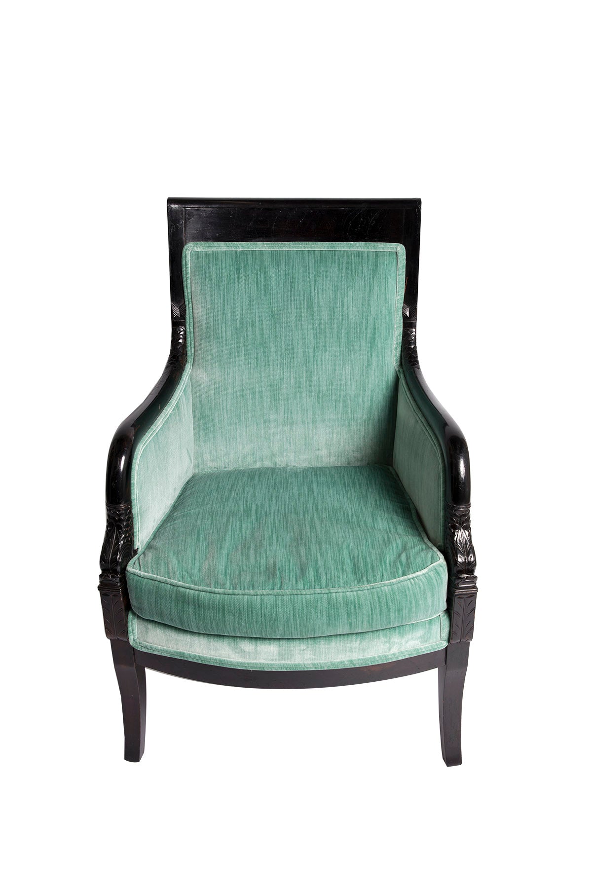 Pair of French Upholstered Armchairs, Black Lacquered