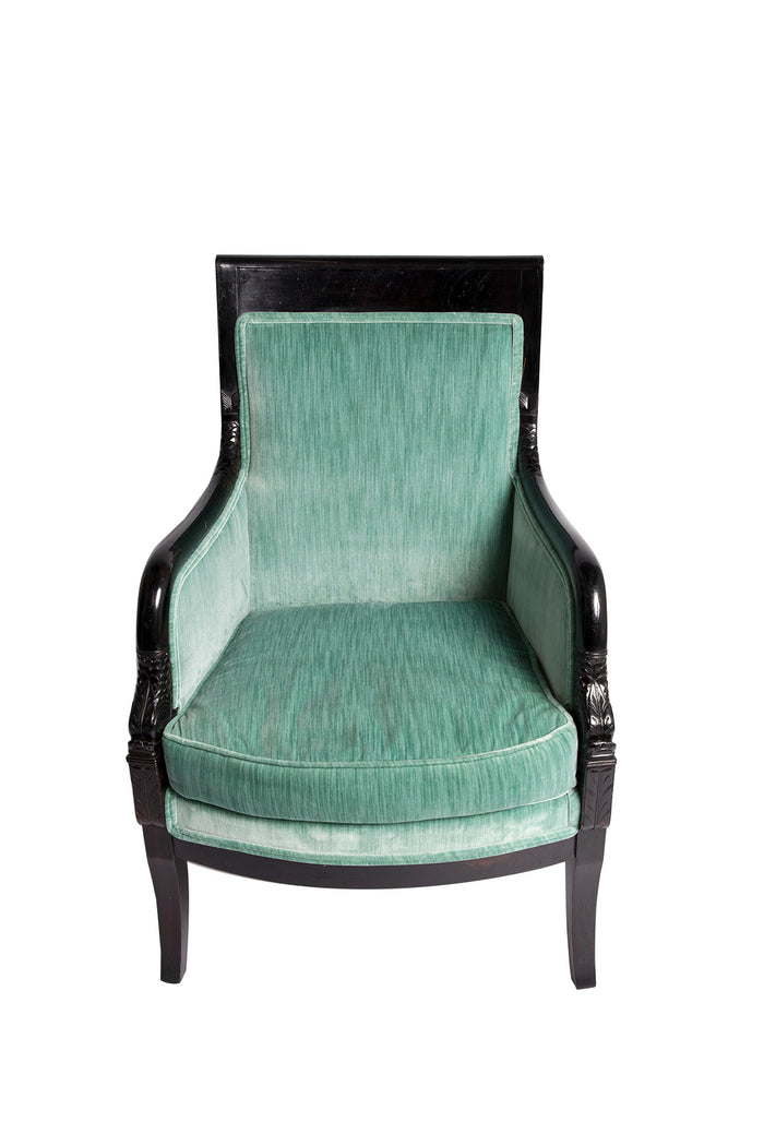 Pair of French Upholstered Armchairs, Black Lacquered