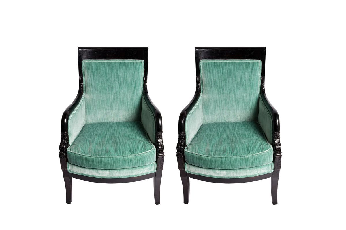 Pair of French Upholstered Armchairs, Black Lacquered