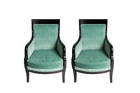 Pair of French Upholstered Armchairs, Black Lacquered
