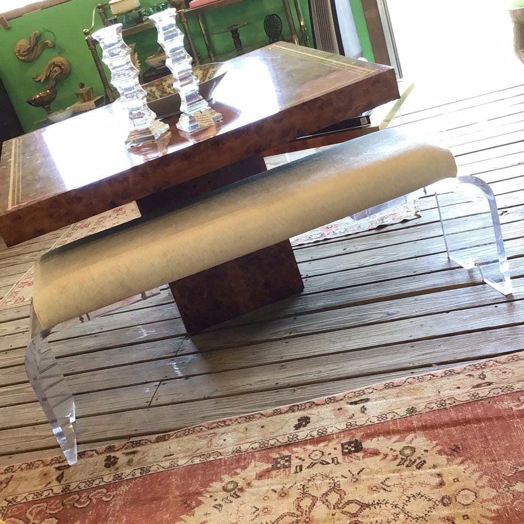 Vintage lucite bench with cowhide